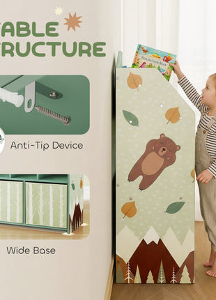 Kids Bookshelf with Storage, Toy Storage Unit with Book Display, Shelves and Fabric Drawers for Playroom Nursery, Green