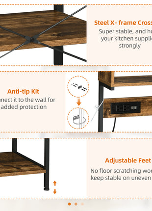 Kitchen Bakers Rack with Power Outlet, USB Charger, Microwave Stand, Coffee Bar with Adjustable Shelves, 5 Hooks for Spices, Pots and Pans, Rustic Brown