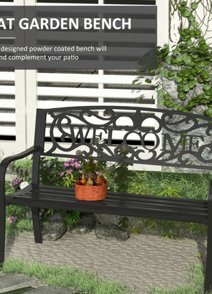50" 2-Person Garden Bench Loveseat with Cast Iron Decorative Welcome Vines, Outdoor Patio Bench for Backyard, Porch, Entryway