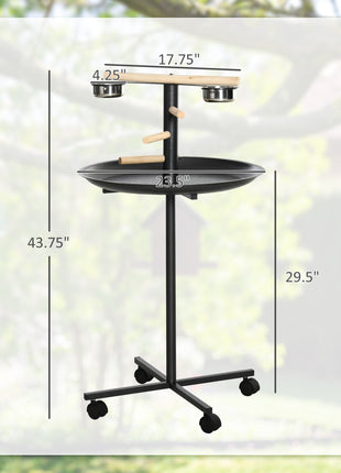 Portable Bird Play Stand, Parrot Perch Bird Feeder Station with Wheels, Stainless Steel Feeding Bowls, Tray, Gray