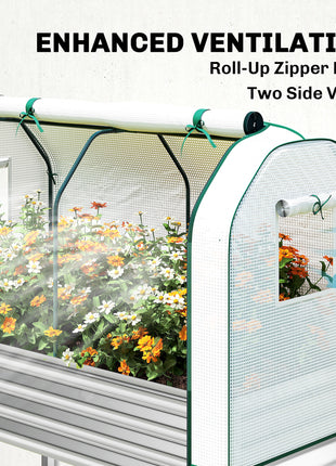 Galvanised Raised Garden Bed with Greenhouse Cover, Metal Elevated Garden Bed with Bed Liner, Bottom Shelf, Silver