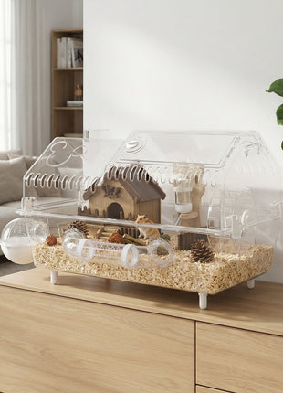 Hamster Cage with Large Wheel & Hideout, Small Animal Habitat with Accessories, Clear Pet House, 21.5" x 11.8" x 12.6",