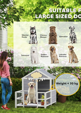 Outdoor Dog House, 61"L Wooden Dog House with Porch, Weatherproof Roof, Elevated Base, Air Vents & Observation Windows