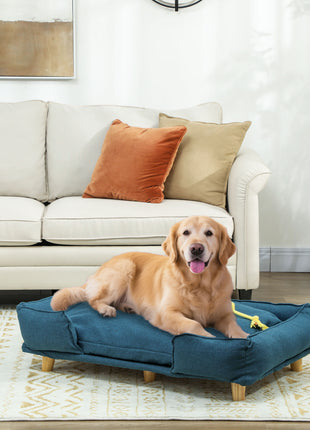 Raised Dog Couch with Comfortable Cushion, Pine Wood Legs, Foot Pads for Large-Sized Dogs Indoor Use, Dark Blue