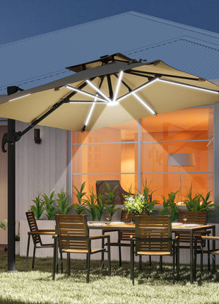 10ft. Solar LED Cantilever Umbrella, Offset Hanging Umbrella with 360°Rotation, Cross Base, 8 Ribs, Tilt and Crank for Yard, Khaki