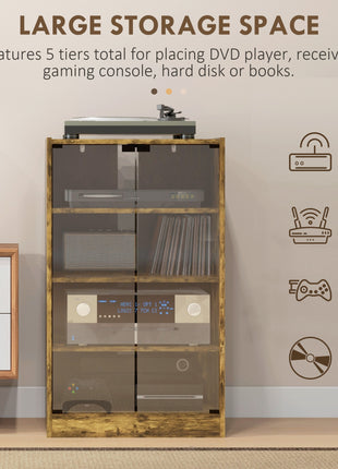 5-Tier Media Cabinet, Media Stand with Adjustable Shelves, Tempered Glass Doors, and Cable Management, Rustic Brown