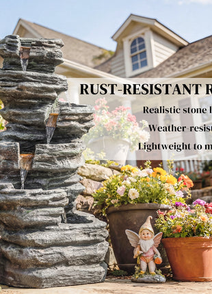 40" Tall Outdoor Waterfall Fountain with LED Lights, 6-Tier Cascading Waterfall Feature, Resin Garden Fountain, Gray