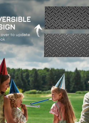 Reversible Outdoor Rug Carpet RV Camping Rugs with Carry Bag, 9' x 18', Black & Gray Geometric