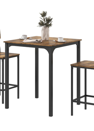 3 Piece Pub Table and Chairs, Small Kitchen Table and Chairs, Square Dining Table with 2 Stools, Rustic Brown and Black