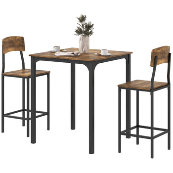 3 Piece Pub Table and Chairs, Small Kitchen Table and Chairs, Square Dining Table with 2 Stools, Rustic Brown and Black
