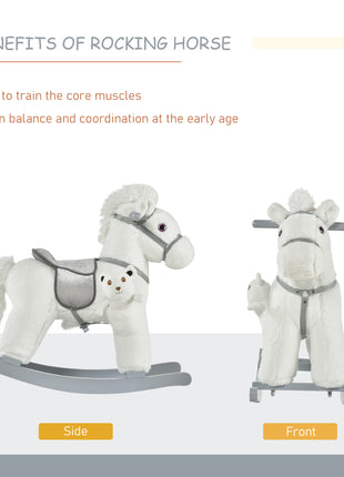 Kids Rocking Horse with Bear Toy, Plush Animal Rocker with Fun Realistic Sounds for Toddler 18-36 Months, White