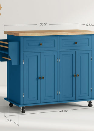 Kitchen Island on Wheels, Rolling Cart with Rubberwood Top, Spice Rack, Towel Rack and Drawers, Turquoise