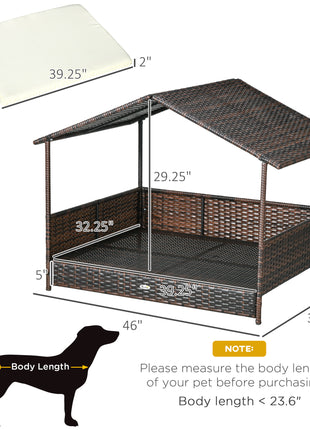 Outdoor Dog Bed with Canopy, Rattan Dog Bed with Soft Cushion Removable Cover for Medium and Large Dogs, Cream White