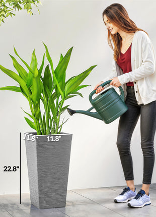 22.8 Inch Set of 3 Outdoor Planters with Stone Finish and Wheels, Stackable Tapered Planters with Drainage Hole, Gray