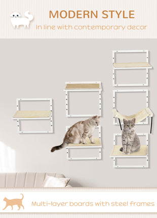 Cat Shelves for Indoor Cats, 6Pc Modern Cat Wall Furniture with Adjustable Height Jumping Platforms & Hammock, Cream White