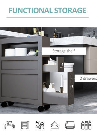 Space Saving Narrow Bathroom Storage Cabinet, Bath Toilet Paper Holder with Drawers and Rolling Wheels, Gray