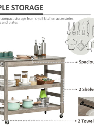 Kitchen Cart, Rolling Kitchen Island Utility Trolley with Stainless Steel Top