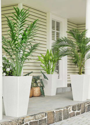 Tall Planters for Outdoor Plants Set of 3, 24 In Taper Planters with Drainage Holes, Rattan Decor Plant Pots, White