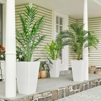Tall Planters for Outdoor Plants Set of 3, 24 In Taper Planters with Drainage Holes, Rattan Decor Plant Pots, White