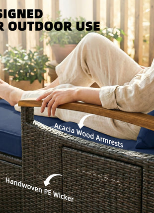 Rattan Outdoor Daybed w/4-Level Adjustable Backrest, Patio Sofa Bed w/Storage Ottoman, Acacia Wood Armrest, Navy Blue