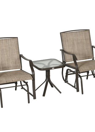 3 Piece Outdoor Glider Chair with Coffee Table Bistro Set, 2 Patio Rocking Swing Chairs with Breathable Sling Fabric, Glass Tabletop, for Backyard, Garden and Porch, Mixed Brown