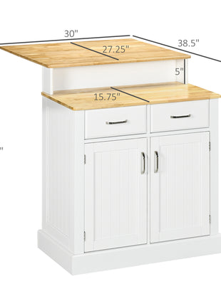 Kitchen Island with 2-Level Rubber Wood Tabletop, Island Table with Adjustable Shelves and Drawers, White