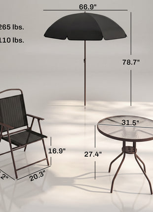 6 Piece Patio Dining Set for 4 with Umbrella, Outdoor Table and Chairs with 4 Folding Dining Chairs & Round Glass Table for Garden, Backyard and Poolside, Black and Coffee