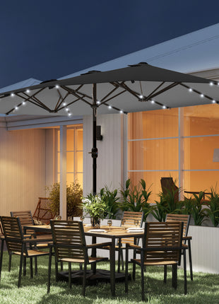 Garden Parasol 14.4ft Double-Sided Sun Umbrella with Base, Patio Parasol with LED Solar Lights, Gray