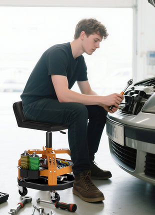 Rolling Creeper Garage Stool, 300 LBS Capacity Mechanic Stool with 360° Wheels, Tool Tray, Adjustable Height, Yellow