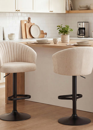 Modern Upholstered Adjustable Barstools with Swivel Seat, Linen Touch Fabric, Steel Frame, Footrest, ‎Beige