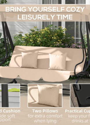 Free Standing Swing Bench, Porch Swing with Stand, Adjustable Canopy, Cushion and Pillows, Ecru