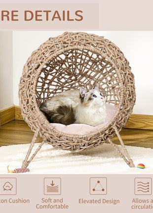 20.5" Weaved Cat Bed, Elevated Hand-woven Braided Banana Leaf Kitten House Condo with Cushion, Beige