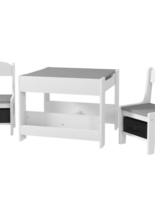 3pc Kids Table and Chair Set with Reversible Tabletop Blackboard, Storage & Bookshelves, Gray