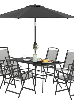 8 Piece Outdoor Dining Set, Patio Furniture Set with Umbrella, 6 Folding Chairs, Rectangle Table and Mesh Seat, Black