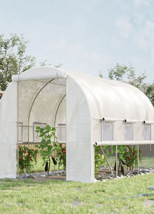 9.7' x 6.5' x 6.5' Walk-in Tunnel Greenhouse, Outdoor Green House with Anti-Tear PE Cover, Zipper Doors and Mesh Windows, White