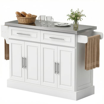 Rolling Kitchen Island Cart with 47" Stainless Steel Top, Portable Island Table for Kitchen with Wheels, Adjustable Shelves, 2 Drawers, Spice, Knife and Towel Rack, White