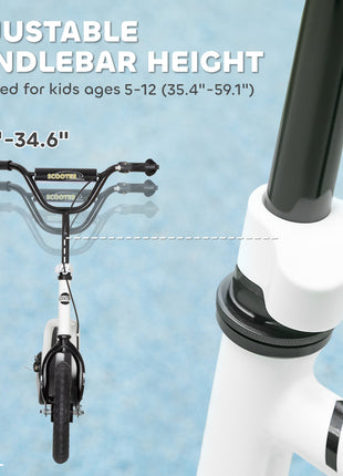 Kids Scooter, Lightweight Scooter with Adjustable Handlebar, Rear Brake, Kickstand, 12" EVA Wheels, for 5-12 Y, White