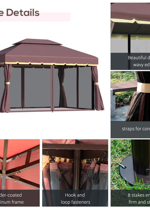 10' x 13' Patio Gazebo, Aluminum Frame Double Roof Outdoor Gazebo Canopy Shelter with Netting & Curtains, Coffee