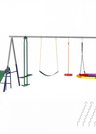 5-in-1 Kids Swing Set with Slide, Swings and Glider for Backyard, 770lbs Capacity, for Ages 3-8, Mixed Color