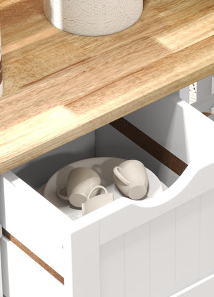 Rolling Kitchen Cart, Kitchen Island with Wood Top, Shelves & Drawers for Dining Area, White