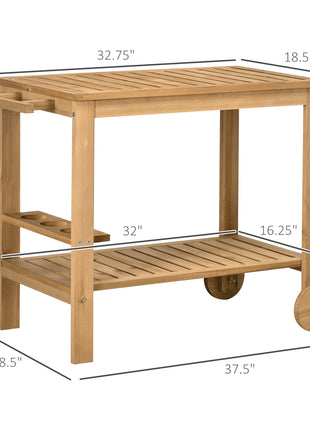 Outdoor Bar Cart, Wood Rolling Home Bar & Serving Cart ，2 Shelves, Wine Bottle Holders for Garden, Dining Room, Natural