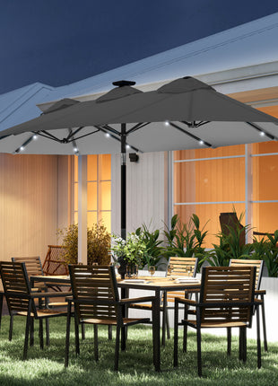 Double-sided Patio Umbrella, 9.7' Outdoor Umbrella with Tilt and Crank, LED Solar Light and 12 Ribs, Gray