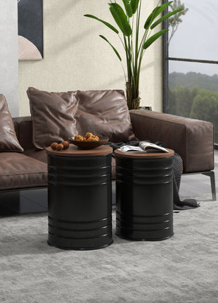 Round Storage Ottoman Set of 2, Nesting Ottomans with Wooden Lid, Metal Frame and Hidden Storage Space for Bedroom