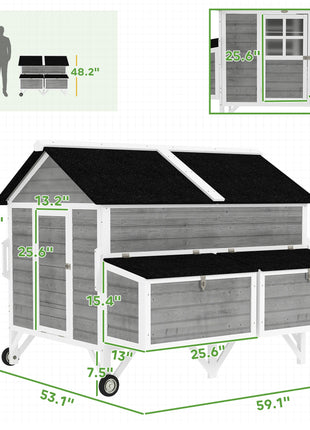 59" Wooden Chicken Coop w/ Wheels, Handles, 2 Nesting Boxes, 2 Trays, 4 Perches, Chicken Tractor for 4-6 Chickens, Gray
