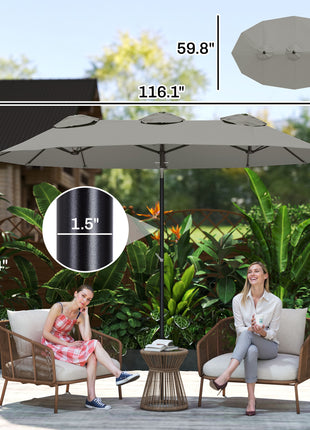 Double Sided Patio Umbrella, 9.7' Large Outdoor Market Umbrella with Push Button Tilt and Crank, 3 Air Vents and 12 Ribs, for Garden, Deck, Pool, Gray
