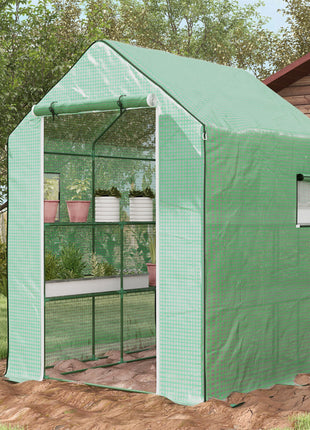 4.6' x 4.7' Portable Greenhouse, Water/UV Resistant Walk-In Small Outdoor Green House with 2 Tier U-Shaped Flower Rack Shelves, Roll Up Door & Windows, Green