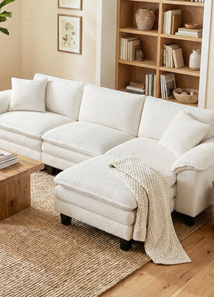 Sectional Sofa, L Shaped Couch with Deep Seat, Movable Ottoman and Pillow-top Armrests, Beige