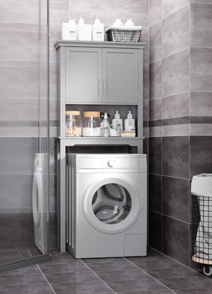 Modern Over The Toilet Storage Cabinet, Double Door Bathroom Organizer with Inner Adjustable Shelf and Open Shelf, Gray