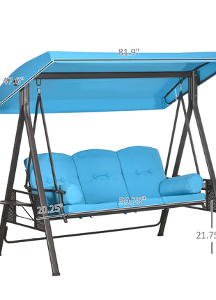 3-Seat Outdoor Porch Swing Chair with Adjustable Canopy, Cushion and Pillows for Garden, Poolside, Blue