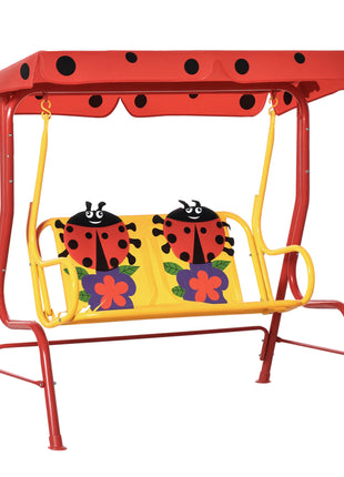 Kids Patio Swing, Adjustable Canopy Swing Glider, Kids Outdoor Swing Chair with 2 Seats, Seat-Belted Safety, Red